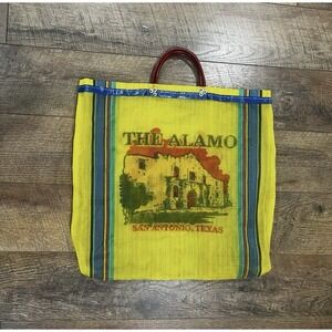 Vintage The Alamo Mesh Market Tote Bag Souvenir San Antonio Texas Yellow Striped